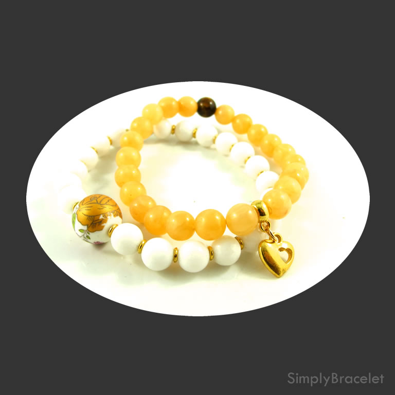 Simply Twin Wealth Yellow Jade, white stone bracelets - 7.5 inch - Click Image to Close