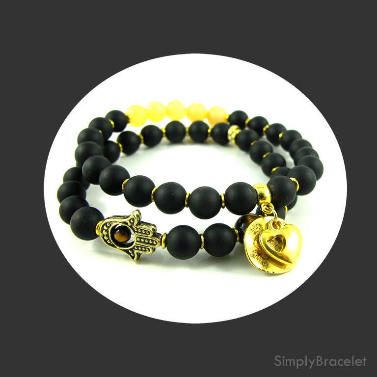 Simply Twin Wealth Black Jasper,Yellow Jade bracelets - 7.5 inch - Click Image to Close